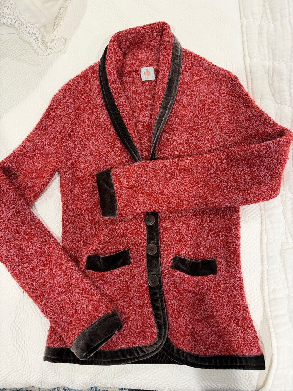 Anthropologie pink Bouclé Blazer with Brown Velvet Trim